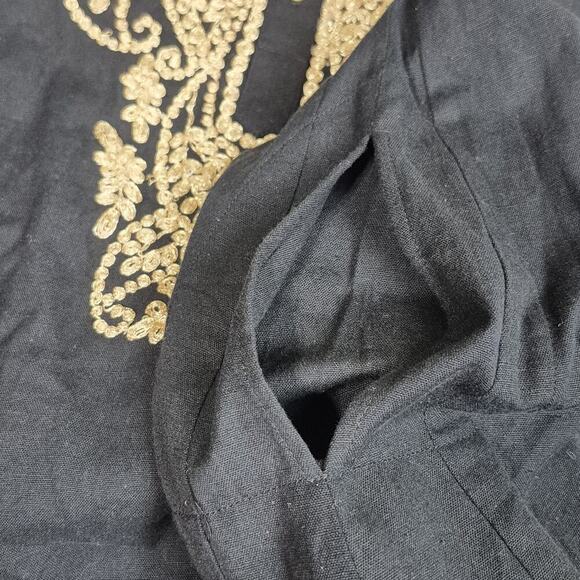 Roller Rabbit Embroidery Maxi Dress XS Black Gold 3/4 Sleeve Pocket Slits Kaftan - Picture 10 of 12